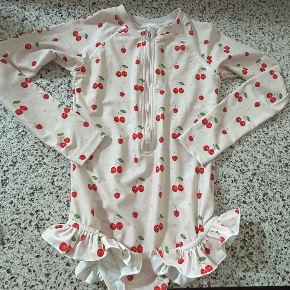 Girls Long Sleeve Cherry Ruffle One-Piece Swimsuit